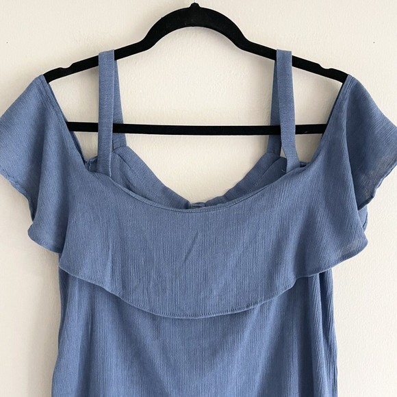 Moa Moa Top Flutter Off the Shoulders Strap Flowy Blouse Casual Buttoned Blue S - Picture 7 of 9